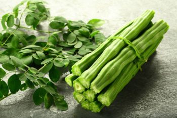 Healthy vegetable- moringa fruit and leaves on vintage background